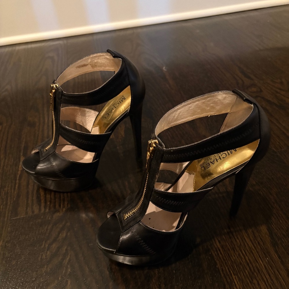 Michael Kors Black Leather Platform Heels Gold Zip Strappy Size 6 EU 36